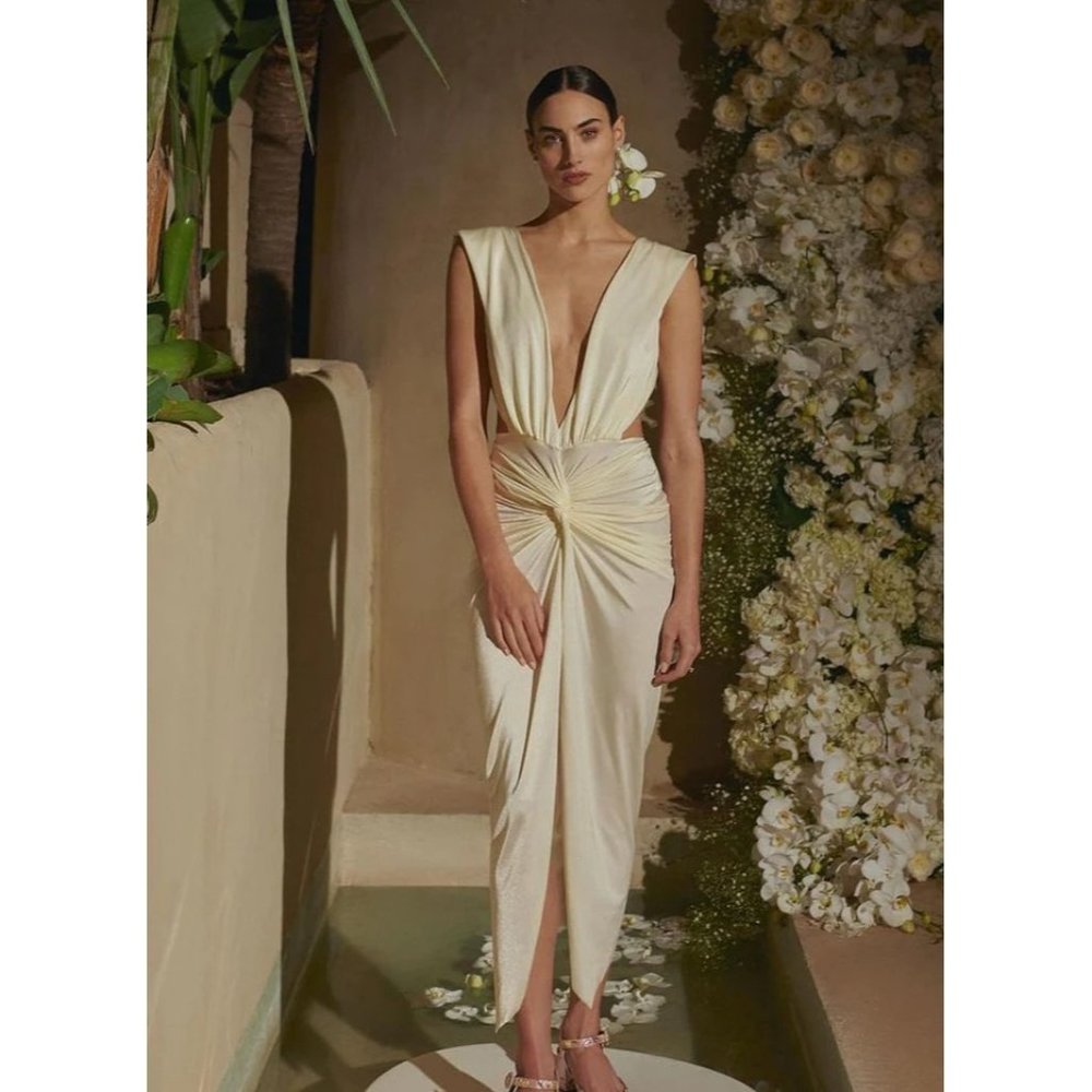 Baobab Mia Plunge V-Neck Gathered Midi Sheath Dress, NWT Ivory - Picture 2 of 16